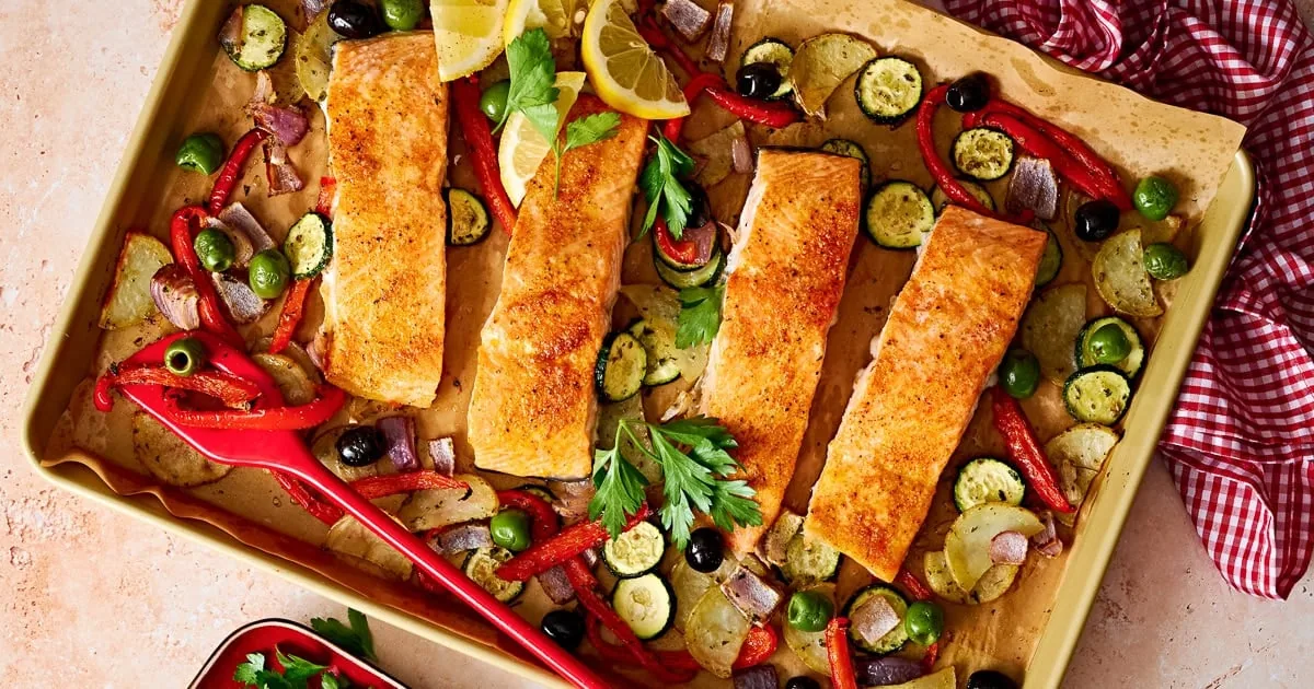 Easy Sheet Pan Mediterranean Salmon Dinner